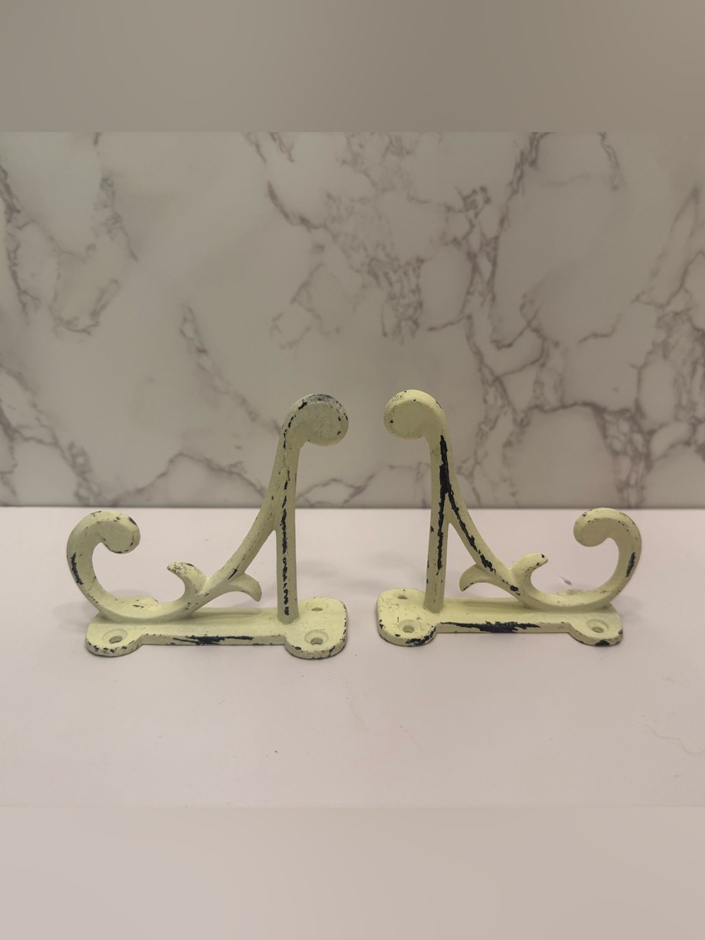 Rustic double-prong off white cast iron wall hooks distressed set of 2